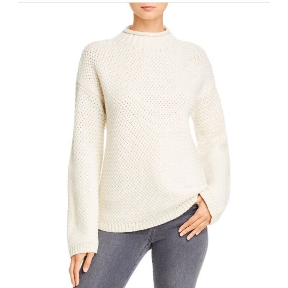 THEORY $565 Small Basket Stitch Cashmere Wool Mock Neck Sweater Ivory Luxury